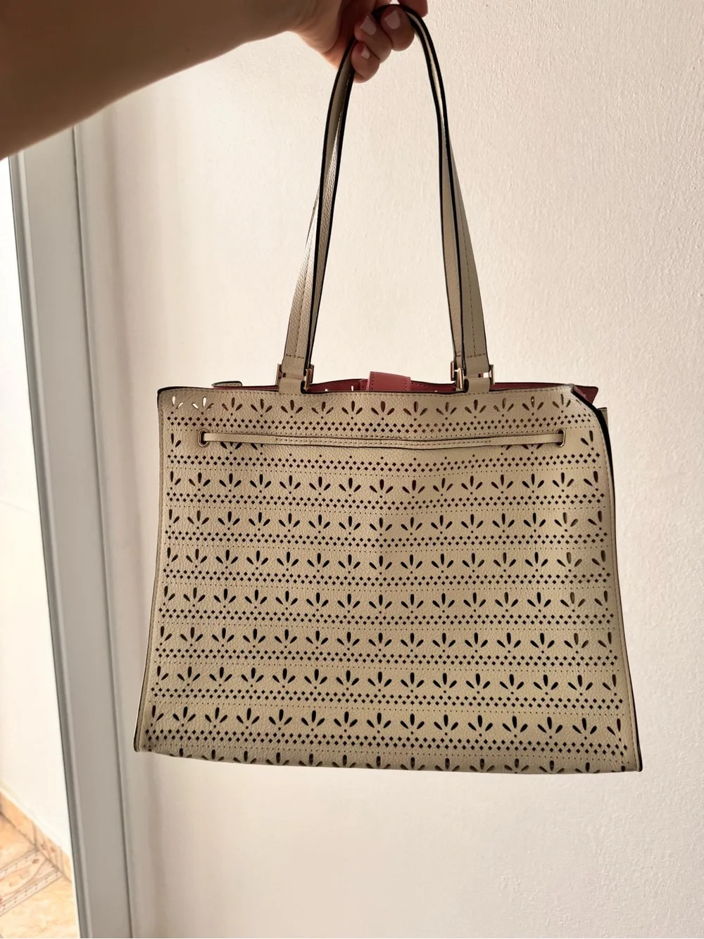 kate spade Cream Tote with Pink Interior and Tassel Detail